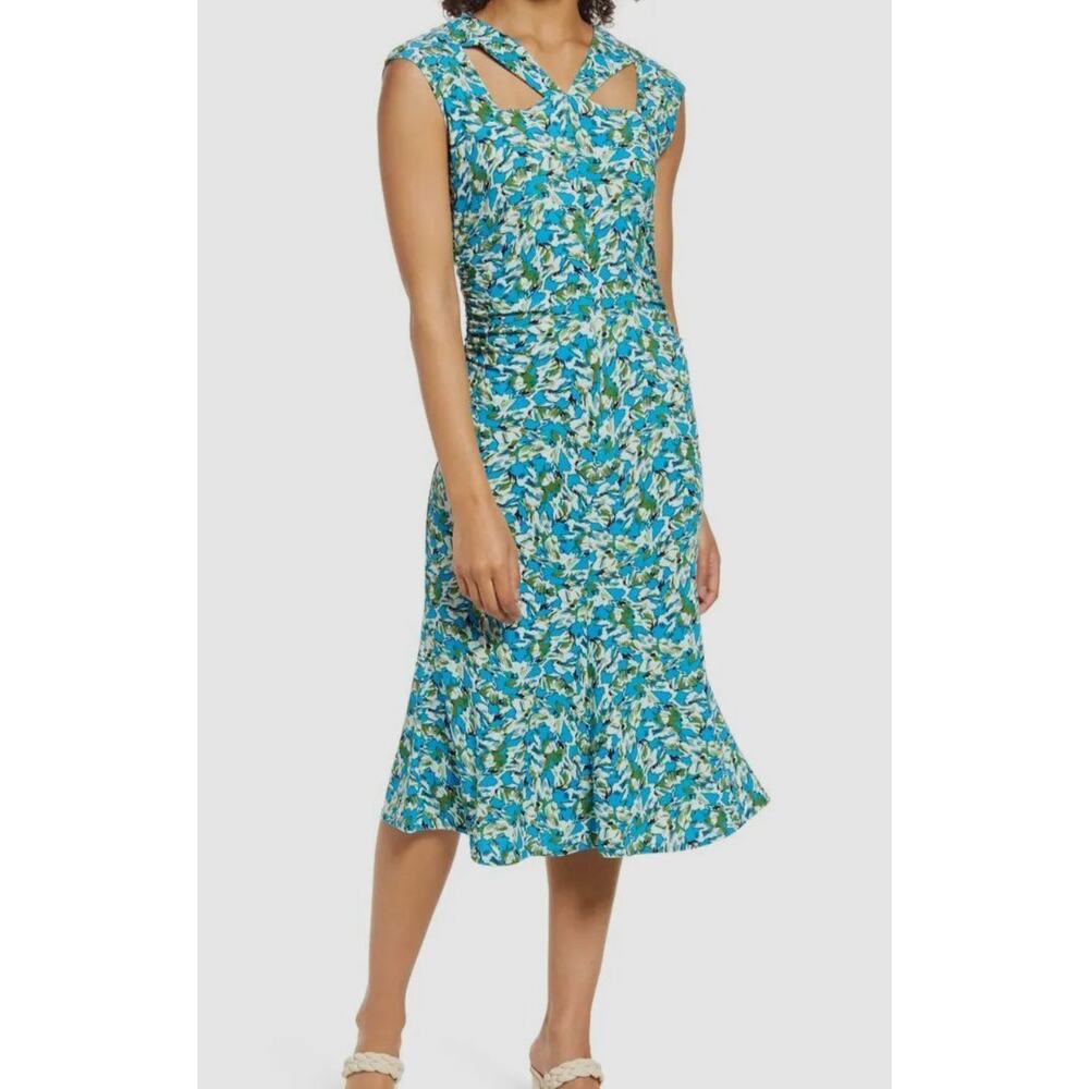 Halogen Blue Green Floral Cap Sleeve Ruched Waist Midi Dress HA469372MI Womens S - Picture 3 of 10